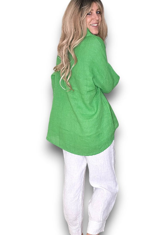 BRIGHT GREEN PEARL BUTTON MOKU LONG SLEEVE TOP