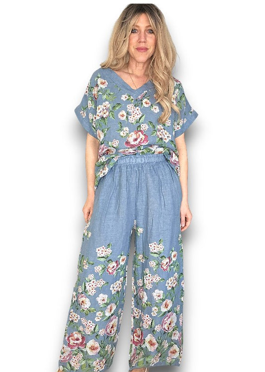PETROL RUBY BLOSSOM LINEN TOP