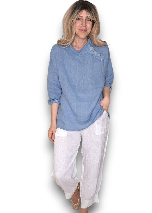 PETROL PEARL BUTTON MOKU LONG SLEEVE TOP