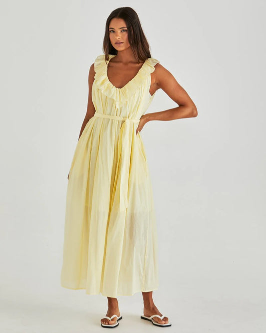 LILLA RUFFLED NECK DRESS - BUTTER YELLOW