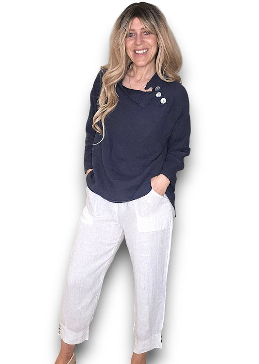 NAVY PEARL BUTTON MOKU LONG SLEEVE TOP