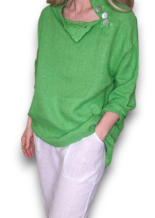 BRIGHT GREEN PEARL BUTTON MOKU LONG SLEEVE TOP
