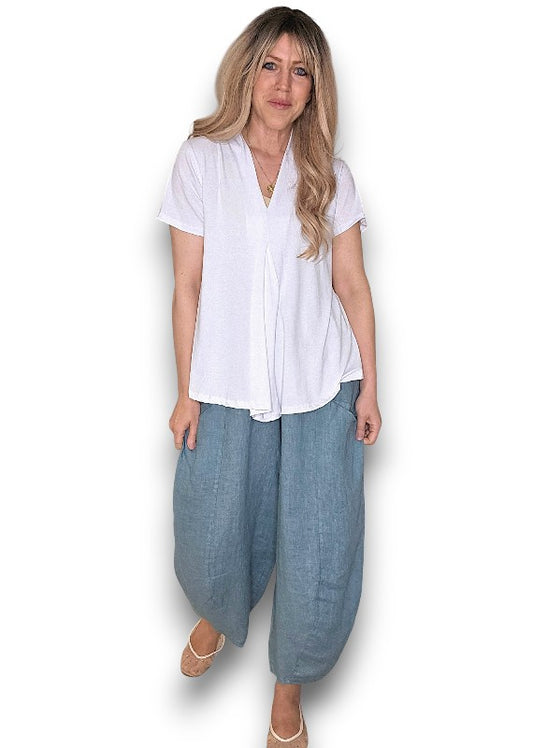 SEAFOAM BARREL LINEN PANTS