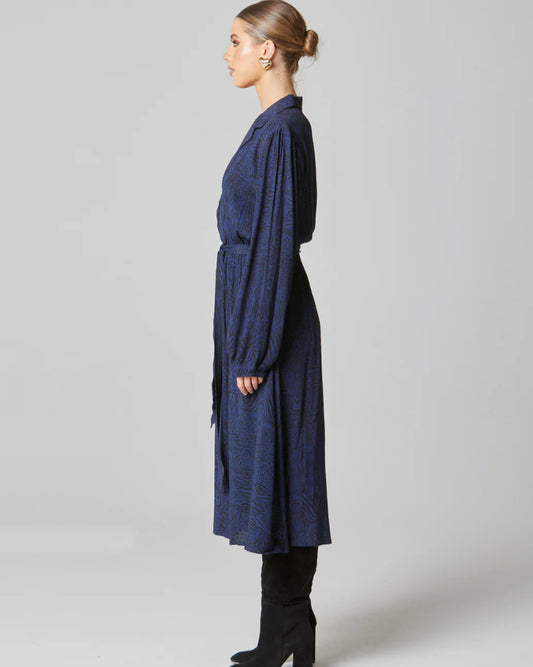 Walking Flames Faux Wrap Long Sleeve Midi Dress - Navy Animal