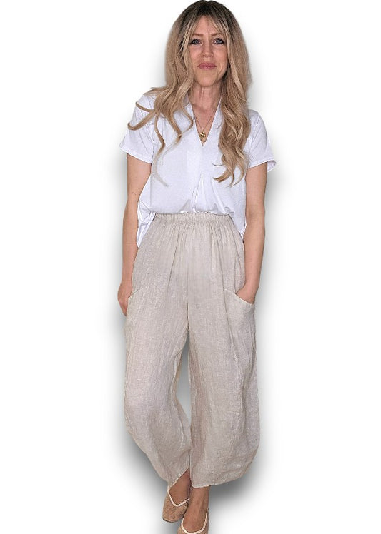 BEIGE BARREL LINEN PANTS