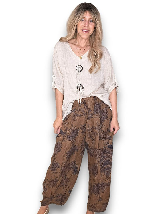 COFFEE FRENCH TOILLE BARREL LINEN PANTS
