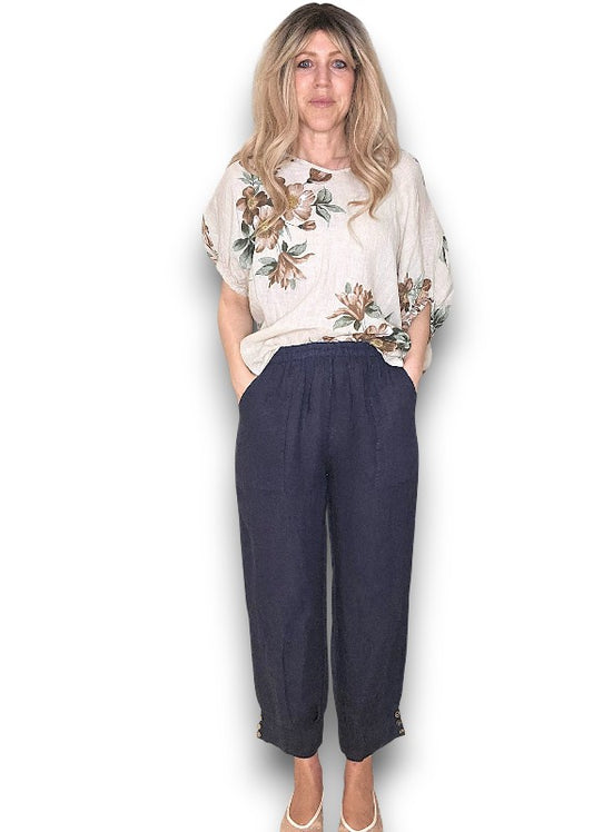 NAVY MINI BUTTON LINEN PANTS