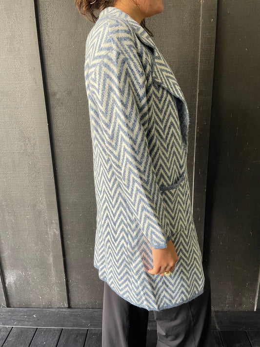 Long Knit Cardigan - Blue Zig Zag