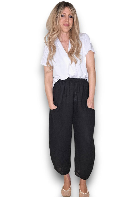 BLACK BARREL LINEN PANTS