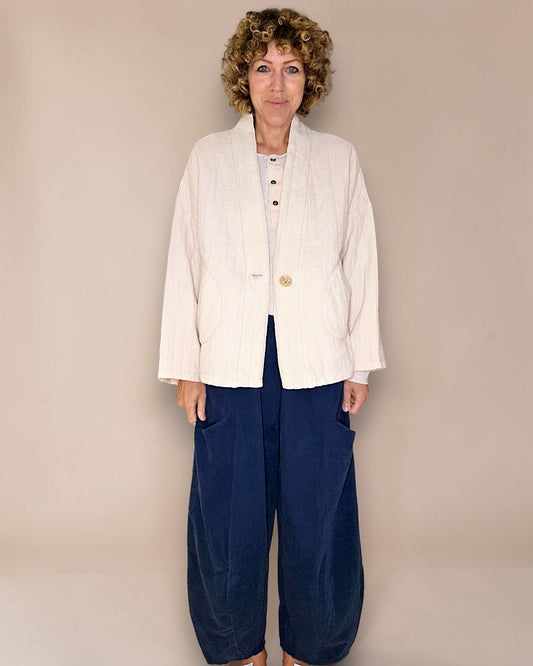 VANILLA COTTON GAUZE KIMONO-GOLD BUTTON