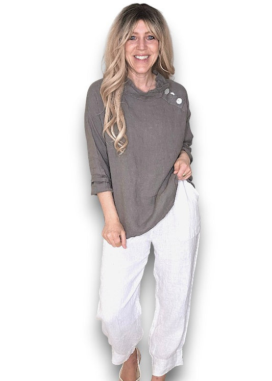 MOCHA PEARL BUTTON MOKU LONG SLEEVE TOP