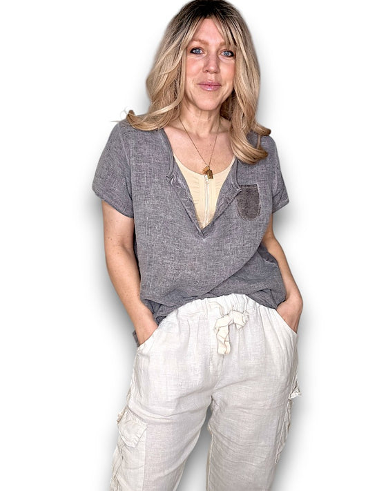 PALE GREY RODEO SEQUIN PKT TEE