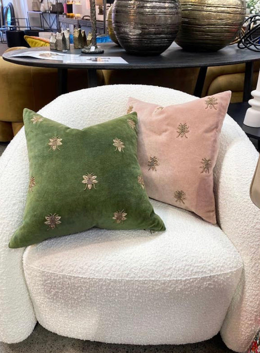 Embroidered Bee Cushion -Green