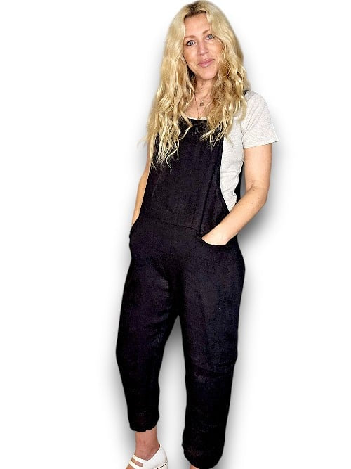 BLACK PLAIN TIE IT YOUR WAY-LINEN JUMPSUIT