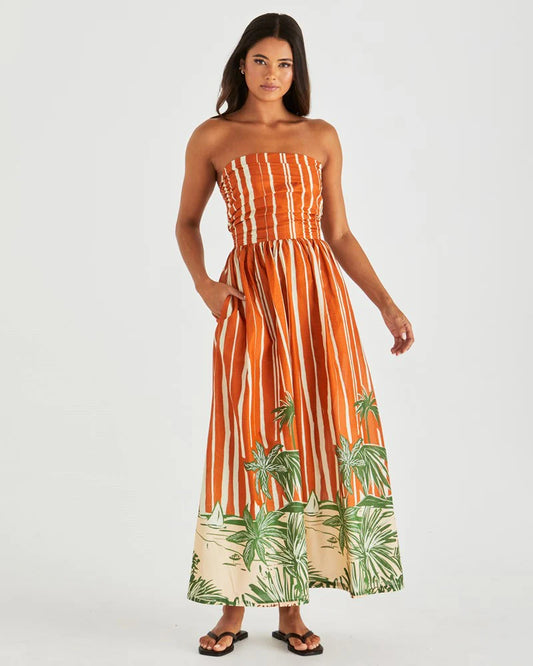 MINA STRAPLESS DRESS - PALM STRIPE