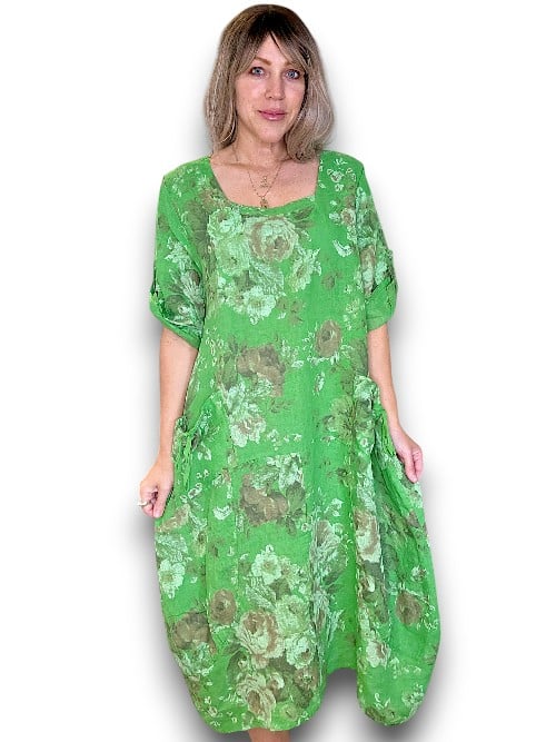 BRIGHT GREEN SCARLETT ROSE BUTTON SLEEVE MAXI DRESS