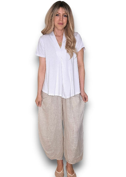BEIGE BARREL LINEN PANTS