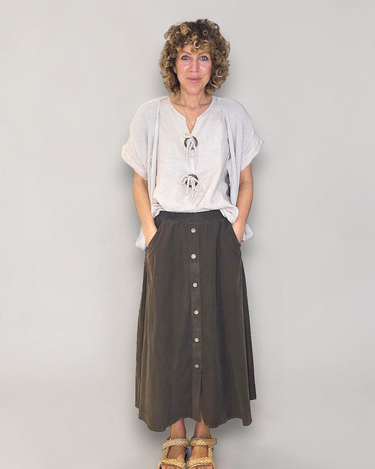 COFFEE MIDI CORDUROY BUTTON SKIRT
