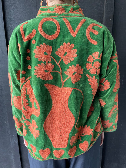 Velvet Jacket - Green/Orange LOVE