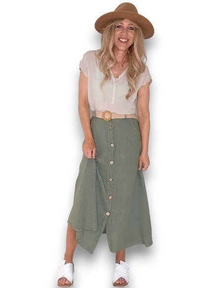 FOREST MIDI RAFFIA BELT LINEN SKIRT