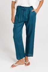 Palm Linen Blend Relax Pants - Teal/White Stripe