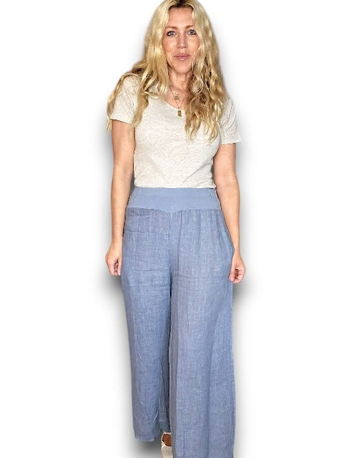 PETROL WIDE ELASTIC WAIST LINEN PANT WITH PKTS