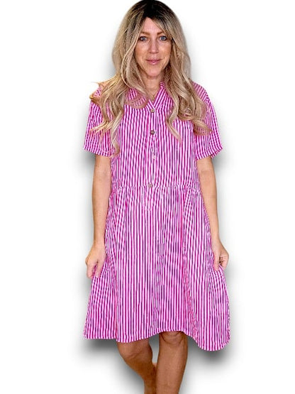 HOT PINK STRIPE MIDI COCONUT BUTTON DRESS