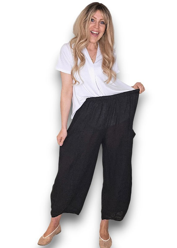 BLACK BARREL LINEN PANTS