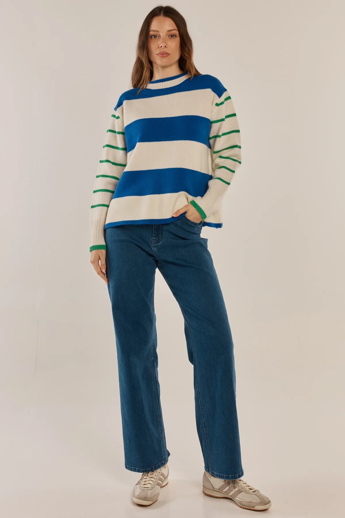 Camryn Knit Sweater - Cream Blue/Green Stripe