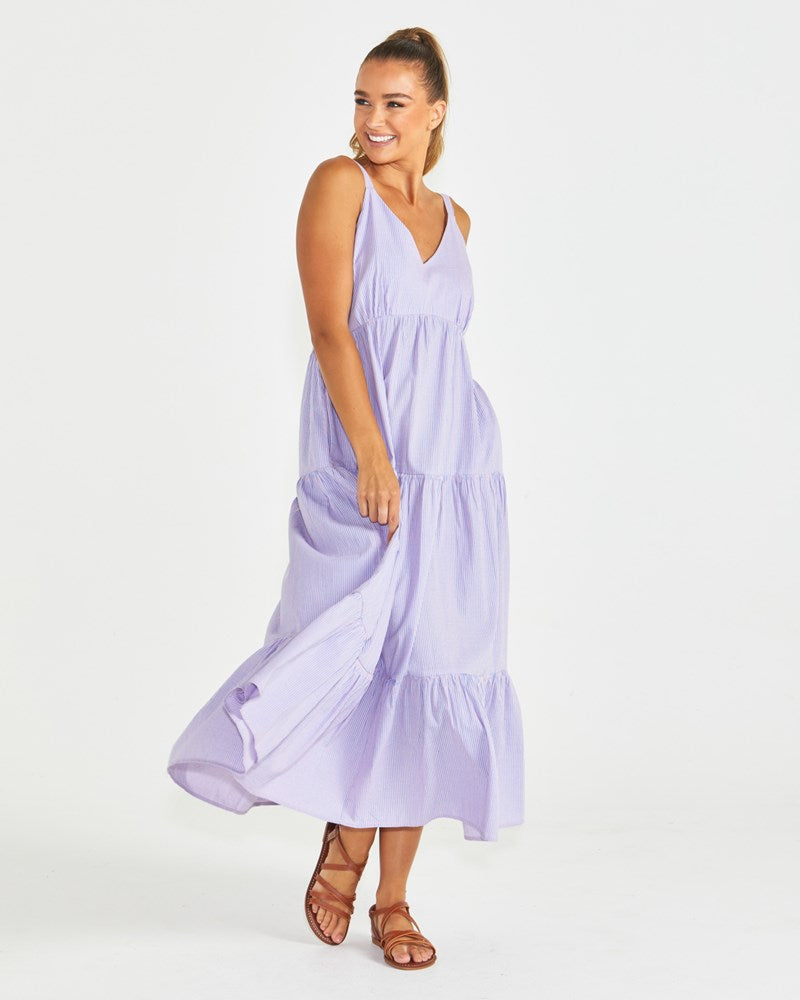 PHILLIPA TIERED MAXI DRESS - BLUE/PINK STRIP