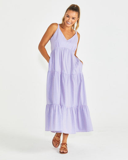 PHILLIPA TIERED MAXI DRESS - BLUE/PINK STRIP