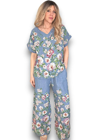 PETROL RUBY BLOSSOM LINEN TOP