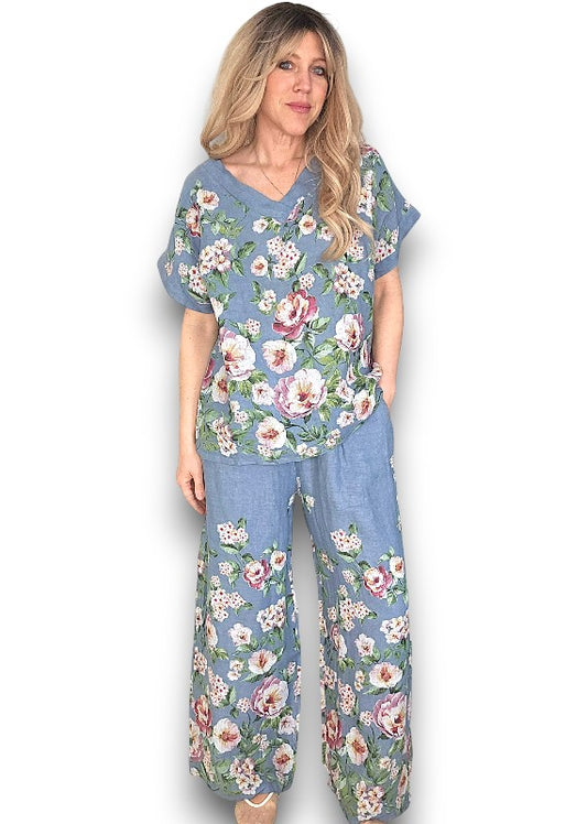 PETROL RUBY BLOSSOM LINEN TOP