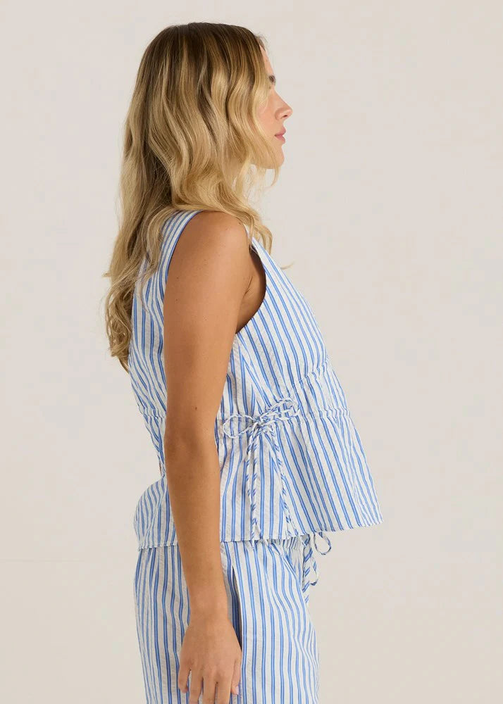Aziza Gathered Tie Top - Blue/White Stripe