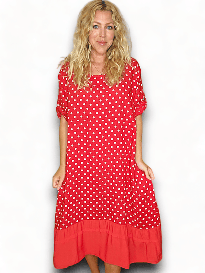 RED POLKA DOT BUTTON SLEEVE HEM DRESS