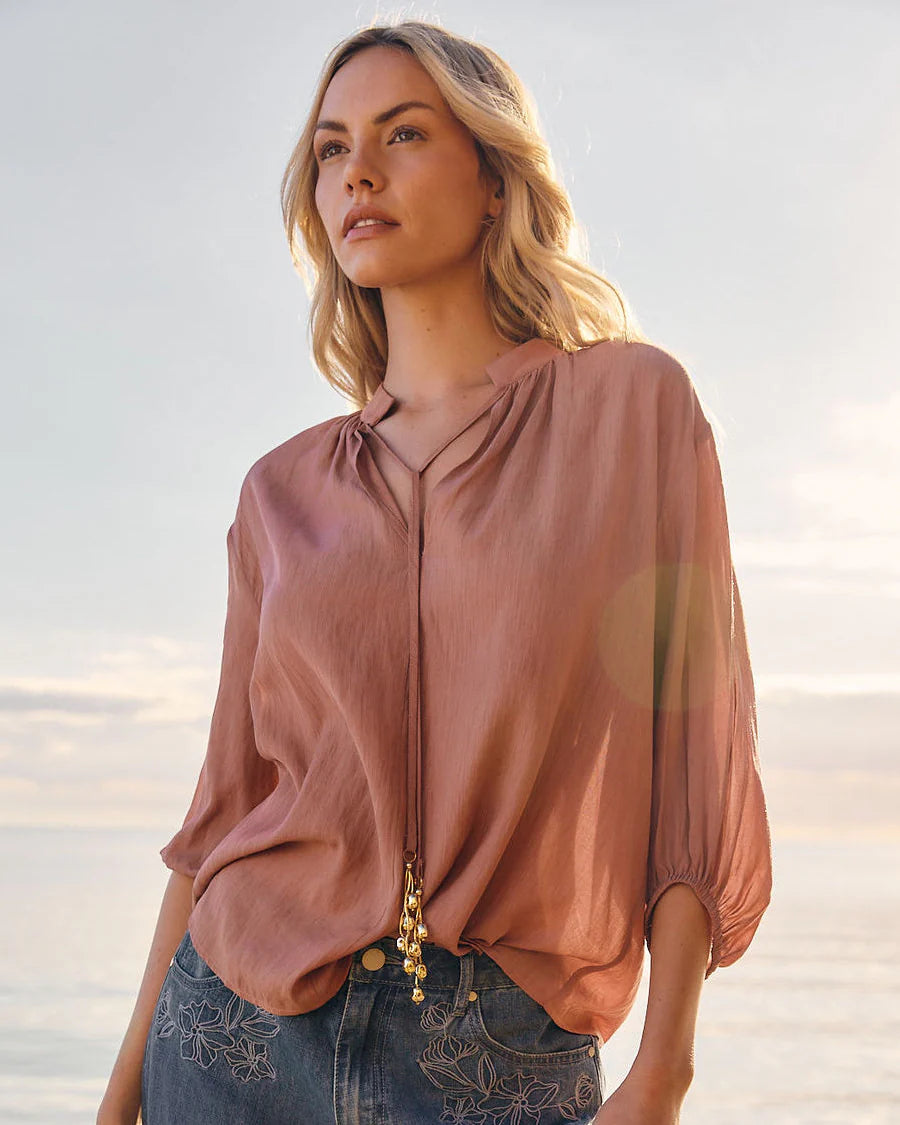Shae Split Neck Blouse - Terracotta