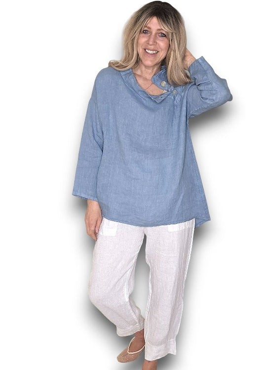 PETROL PEARL BUTTON MOKU LONG SLEEVE TOP