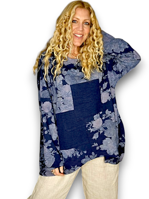 NAVY SCARLETT ROSE PATCHWORK COTTON SWEATER