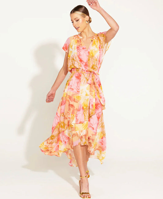 Earthly Paradise Frill Short Sleeve Wrap Midi Dress - Pink/Yellow Paradise Floral