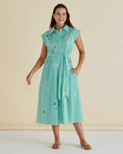 Gloria Floral Dress - Floral Green Stripe