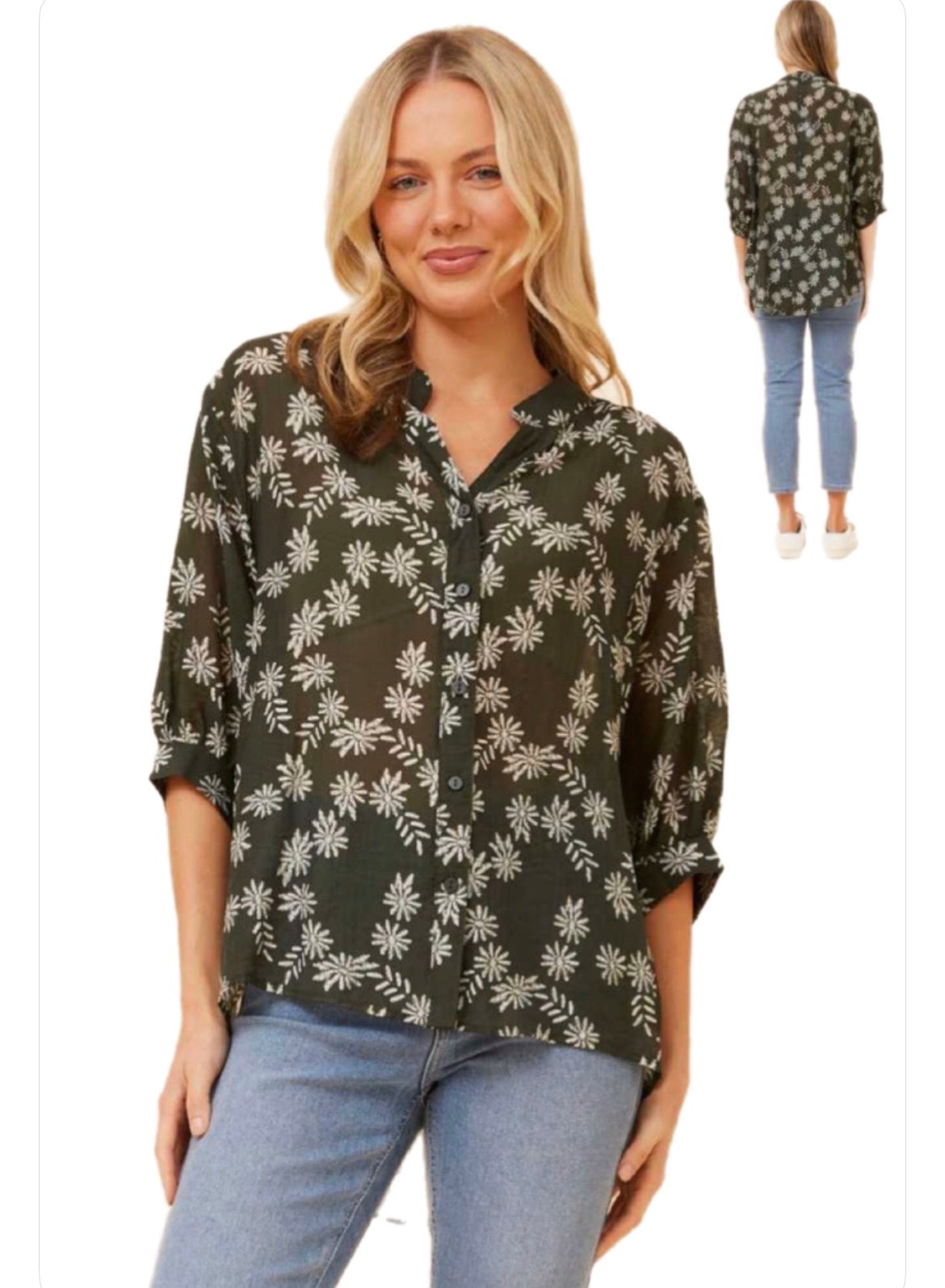 Button Back Blouse - Green Floral