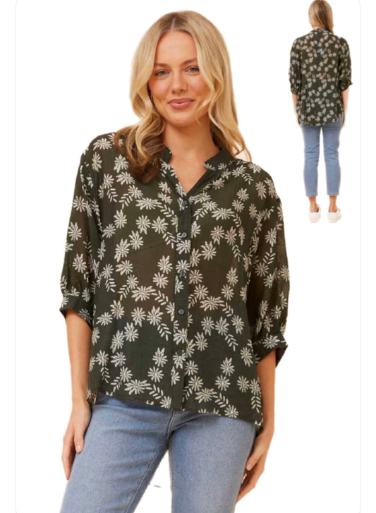 Button Back Blouse - Green Floral