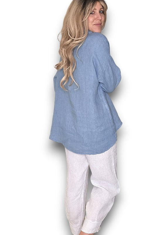 PETROL PEARL BUTTON MOKU LONG SLEEVE TOP