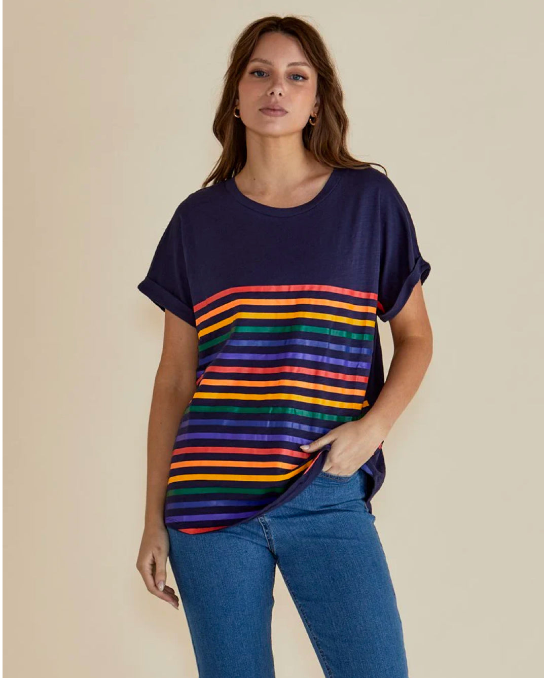 Hailey Short Sleeve Tee - Blue Rainbow Stripe