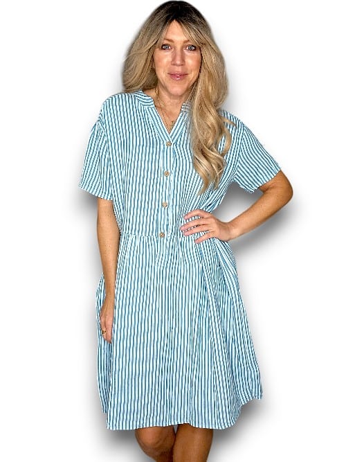 LIGHT TURQUOISE STRIPE MIDI COCONUT BUTTON DRESS