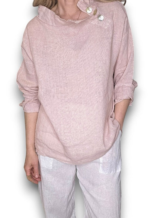BABY PINK PEARL BUTTON MOKU LONG SLEEVE TOP