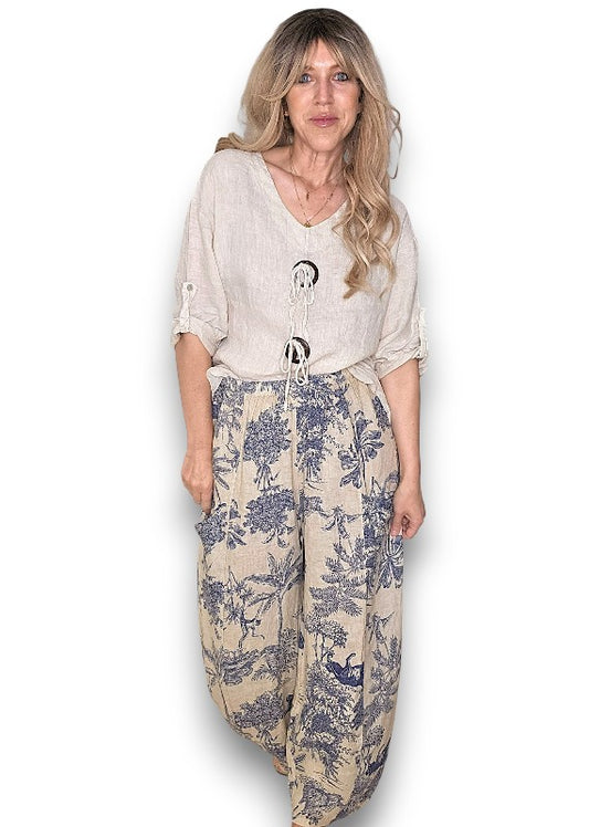 BEIGE FRENCH TOILLE BARREL LINEN PANTS