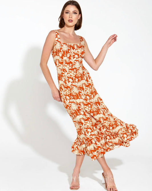 Confessions Frill Hem Fitted Maxi Dress - Plantation Palm Print in Orange