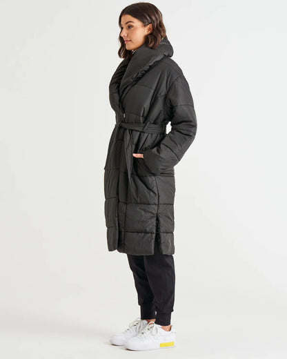 Shawl Oversized Collar Quilted Padded Puffer Jacket - Black