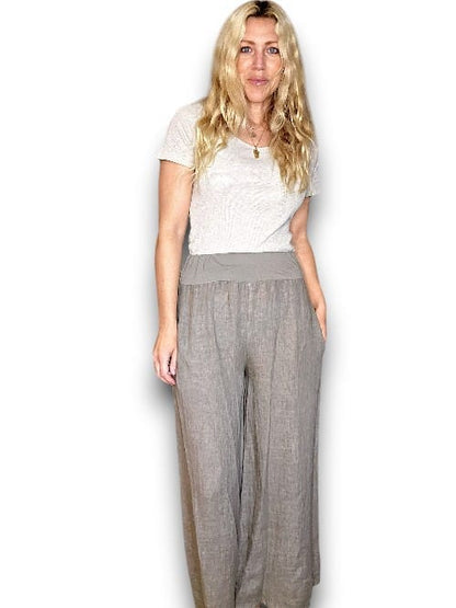 MOCHA WIDE ELASTIC WAIST LINEN PANT WITH PKTS